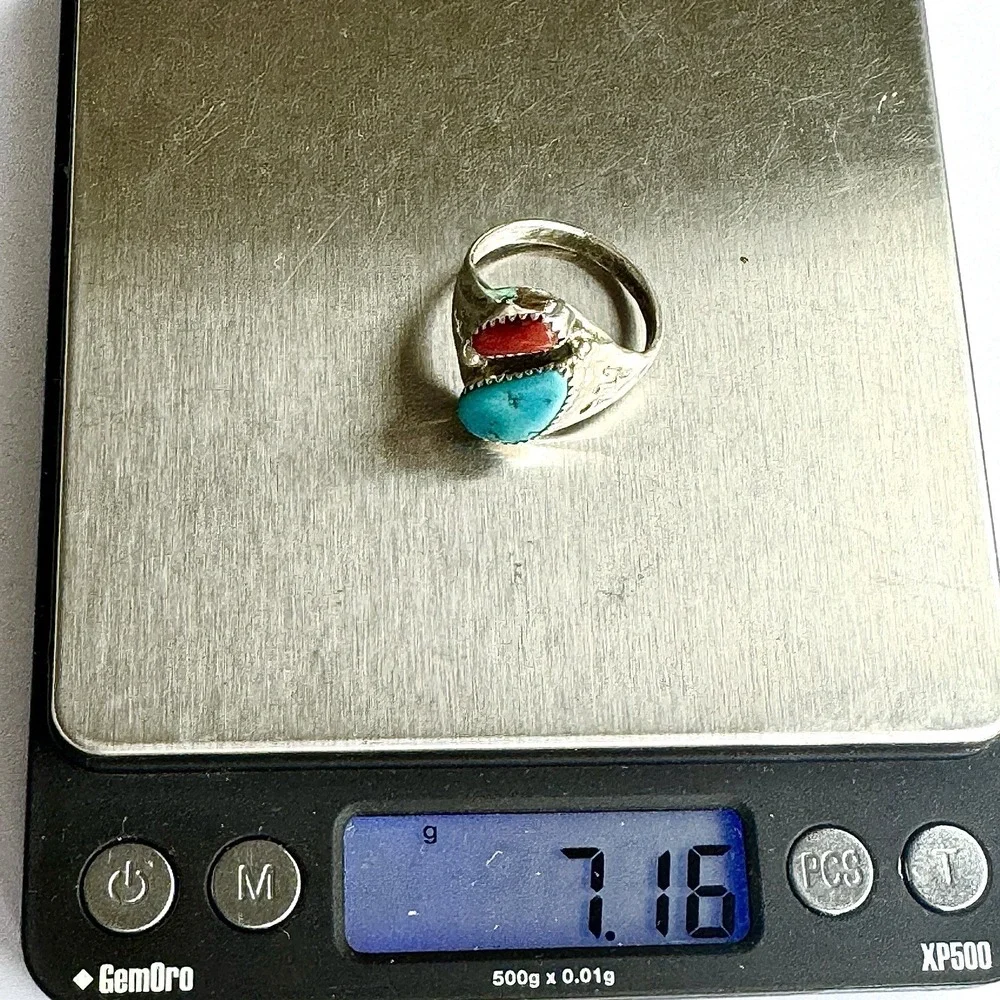 Mens Turquoise Navajo‎ Band Sz 10.5 Coral Two Stone Ring 21mm Signed ML Native